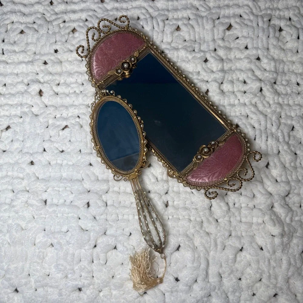 VTG Victorian Pink Brocade Filigree Vanity Tray & Hand Mirror Regency Romantic